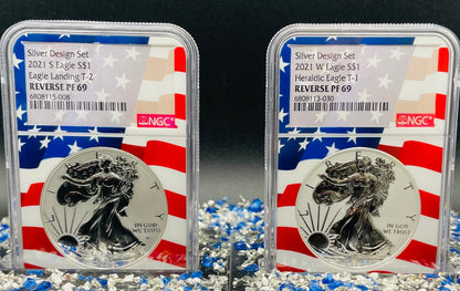 Reverse Proof 2021 Type 1 and Type 2 (2 Coin Set) $1 American Silver Eagle NGC PF69 Heraldic Eagle Label Flag Holder Mint Condition