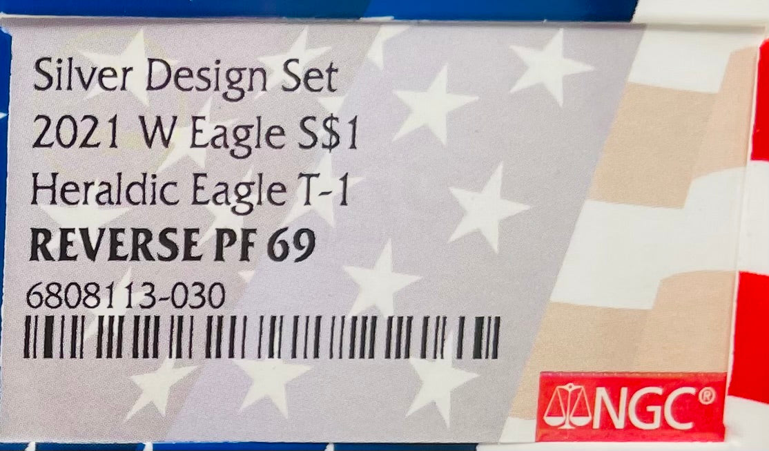 Reverse Proof 2021 Type 1 and Type 2 (2 Coin Set) $1 American Silver Eagle NGC PF69 Heraldic Eagle Label Flag Holder Mint Condition