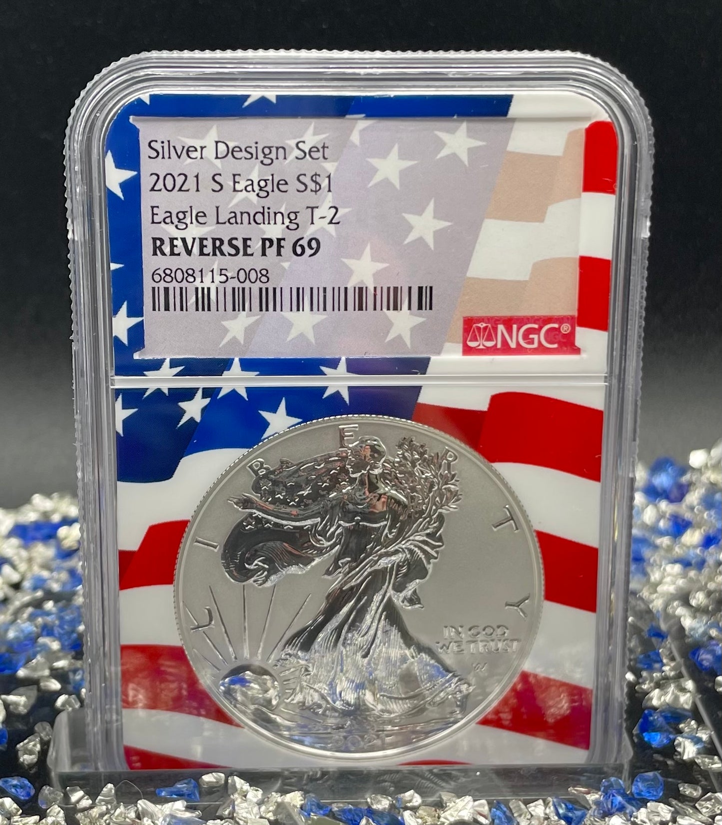 Reverse Proof 2021 Type 1 and Type 2 (2 Coin Set) $1 American Silver Eagle NGC PF69 Heraldic Eagle Label Flag Holder Mint Condition