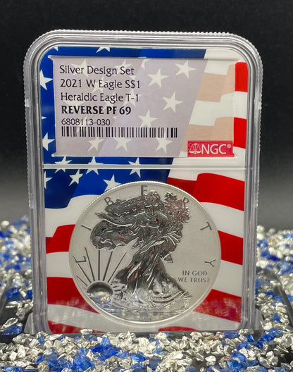 Reverse Proof 2021 Type 1 and Type 2 (2 Coin Set) $1 American Silver Eagle NGC PF69 Heraldic Eagle Label Flag Holder Mint Condition