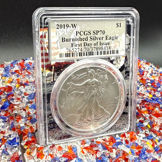 Burnished 2019 (W) $1 American Silver Eagle PCGS SP70 FDOI Apollo Label - Rare 1 of 137 Mint!