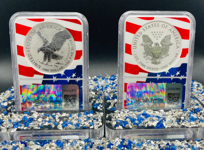 Reverse Proof 2021 Type 1 and Type 2 (2 Coin Set) $1 American Silver Eagle NGC PF69 Heraldic Eagle Label Flag Holder Mint Condition