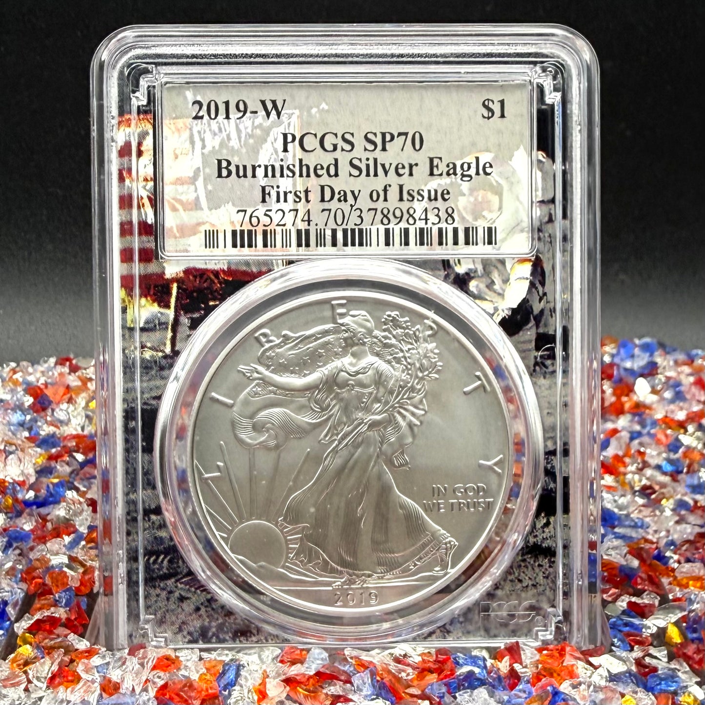 Burnished 2019 (W) $1 American Silver Eagle PCGS SP70 FDOI Apollo Label - Rare 1 of 137 Mint!