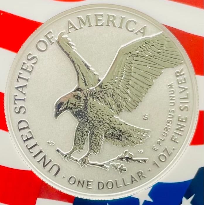 Reverse Proof 2021 Type 1 and Type 2 (2 Coin Set) $1 American Silver Eagle NGC PF69 Heraldic Eagle Label Flag Holder Mint Condition