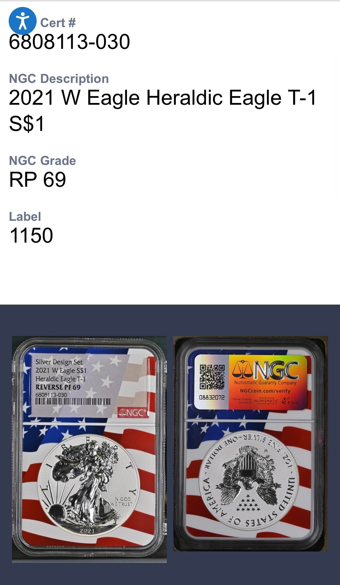 Reverse Proof 2021 Type 1 and Type 2 (2 Coin Set) $1 American Silver Eagle NGC PF69 Heraldic Eagle Label Flag Holder Mint Condition