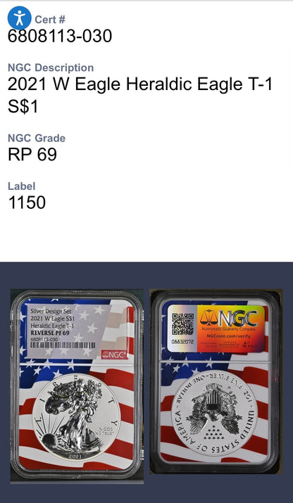 Reverse Proof 2021 Type 1 and Type 2 (2 Coin Set) $1 American Silver Eagle NGC PF69 Heraldic Eagle Label Flag Holder Mint Condition