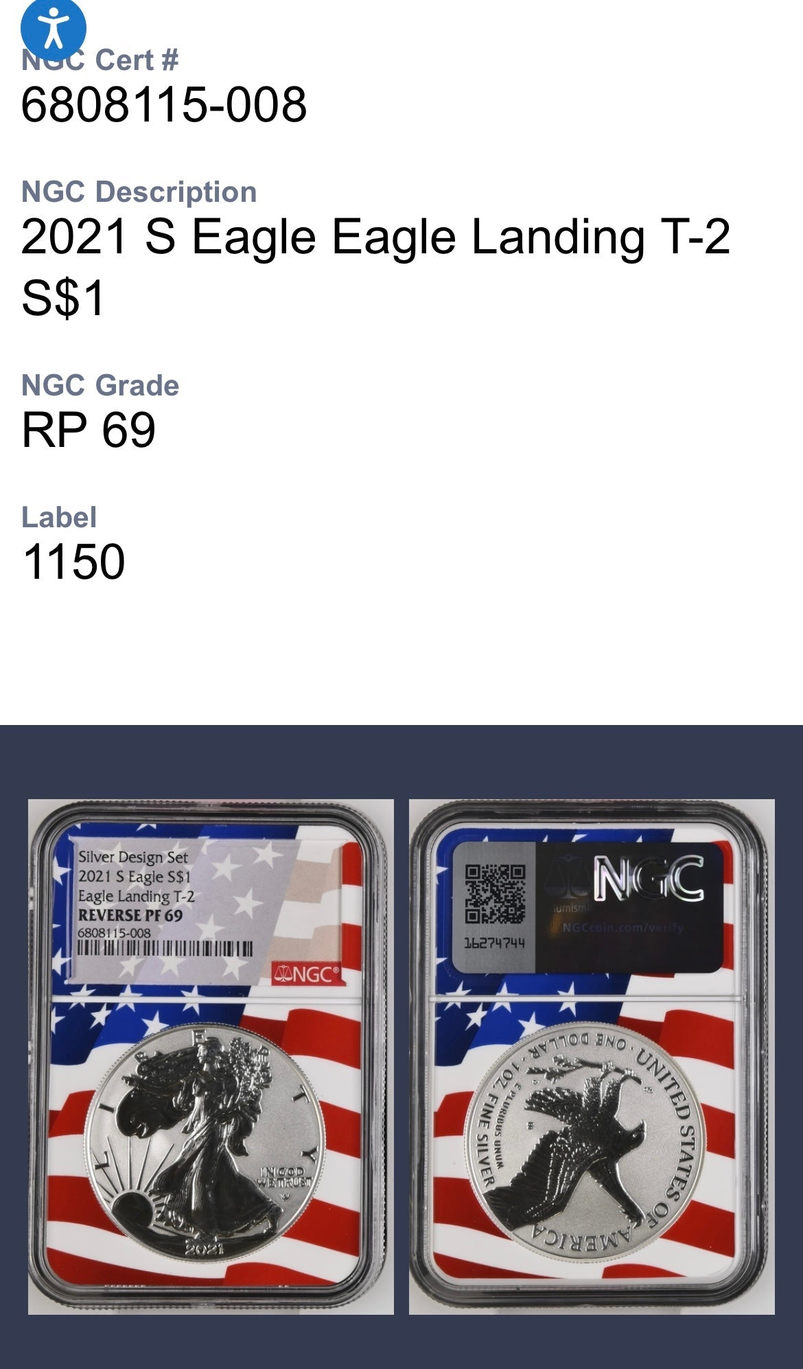 Reverse Proof 2021 Type 1 and Type 2 (2 Coin Set) $1 American Silver Eagle NGC PF69 Heraldic Eagle Label Flag Holder Mint Condition