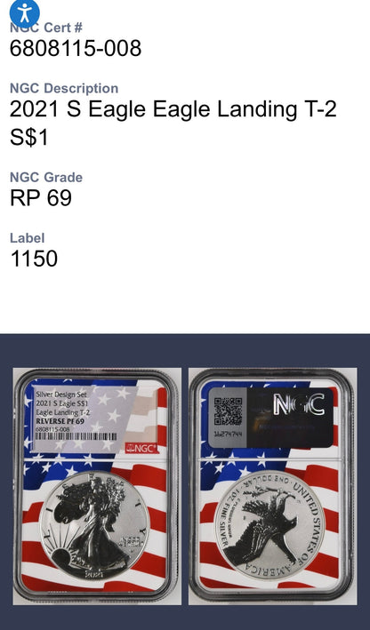 Reverse Proof 2021 Type 1 and Type 2 (2 Coin Set) $1 American Silver Eagle NGC PF69 Heraldic Eagle Label Flag Holder Mint Condition
