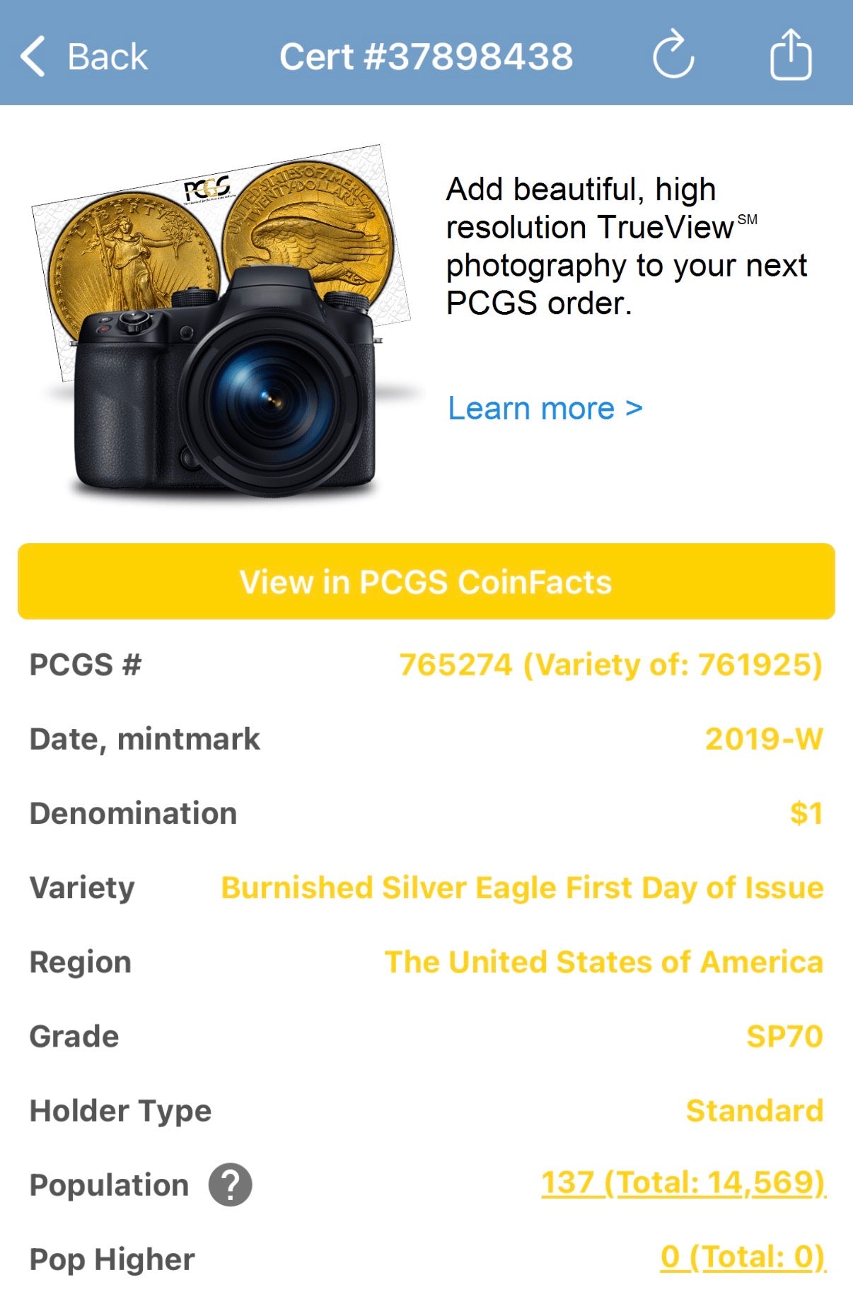 Burnished 2019 (W) $1 American Silver Eagle PCGS SP70 FDOI Apollo Label - Rare 1 of 137 Mint!