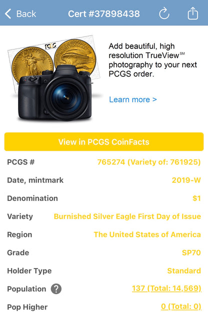 Burnished 2019 (W) $1 American Silver Eagle PCGS SP70 FDOI Apollo Label - Rare 1 of 137 Mint!
