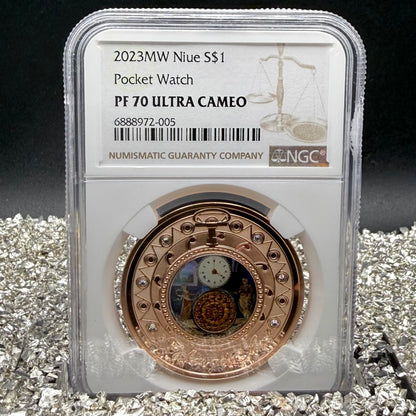 2023 Niue Silver Dollar $1 NGC PF70UC Faberge Art Pocket Watch 24-Karat Gold Proof Finish Mint (Rare 1 of 13)