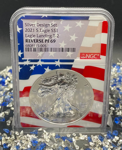Reverse Proof 2021 Type 1 and Type 2 (2 Coin Set) $1 American Silver Eagle NGC PF69 Heraldic Eagle Label Flag Holder Mint Condition