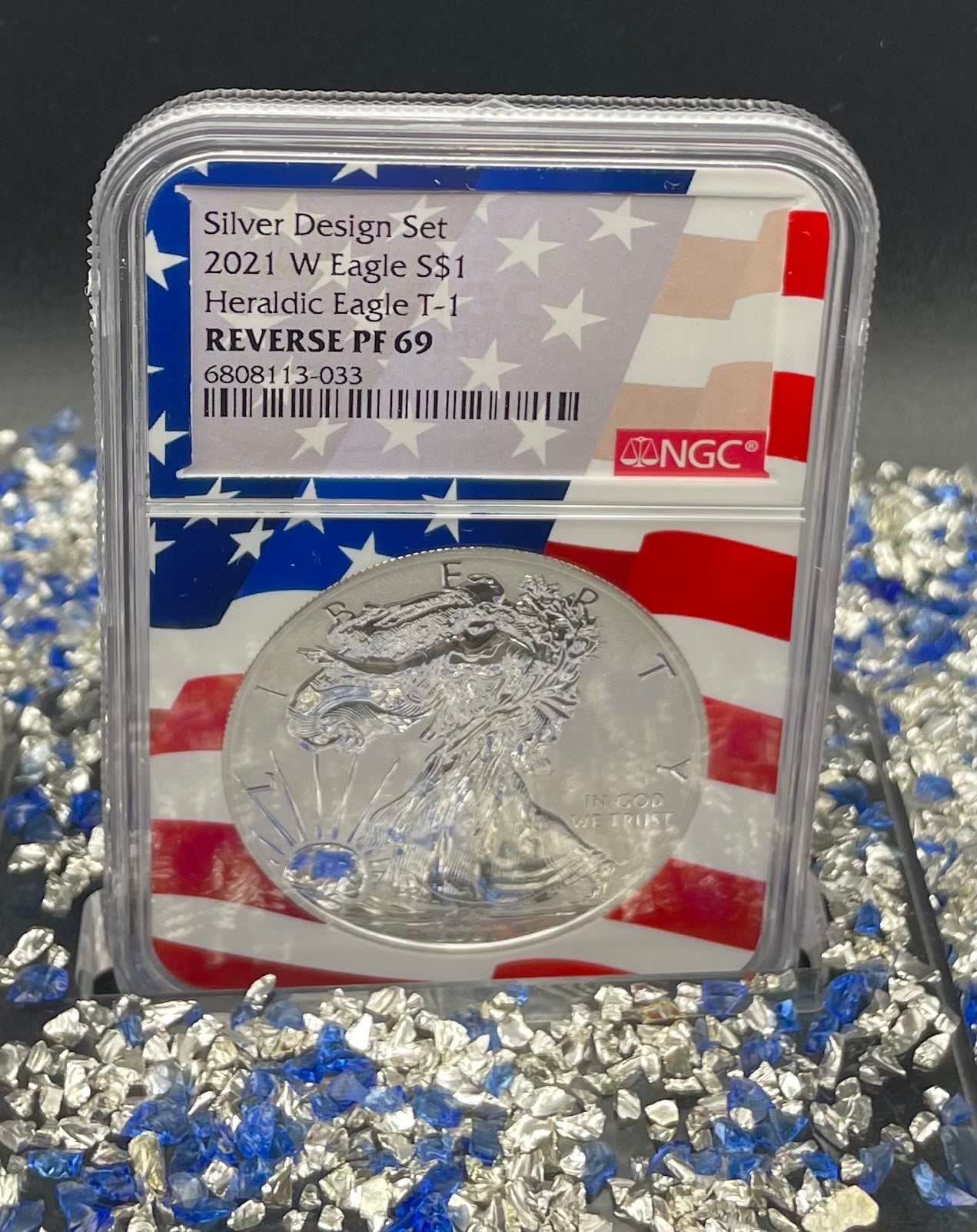 Reverse Proof 2021 Type 1 and Type 2 (2 Coin Set) $1 American Silver Eagle NGC PF69 Heraldic Eagle Label Flag Holder Mint Condition