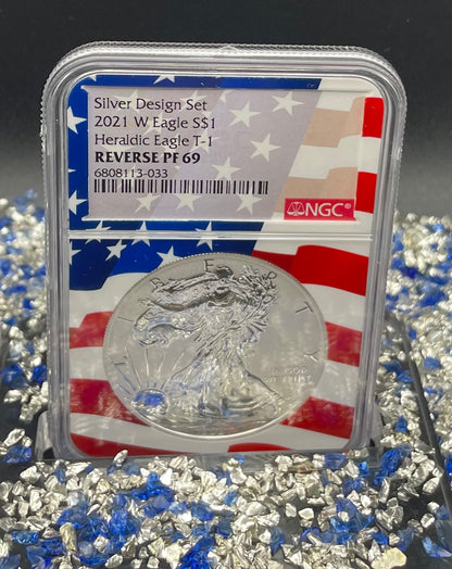 Reverse Proof 2021 Type 1 and Type 2 (2 Coin Set) $1 American Silver Eagle NGC PF69 Heraldic Eagle Label Flag Holder Mint Condition