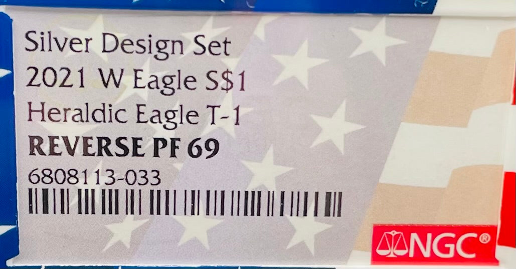 Reverse Proof 2021 Type 1 and Type 2 (2 Coin Set) $1 American Silver Eagle NGC PF69 Heraldic Eagle Label Flag Holder Mint Condition