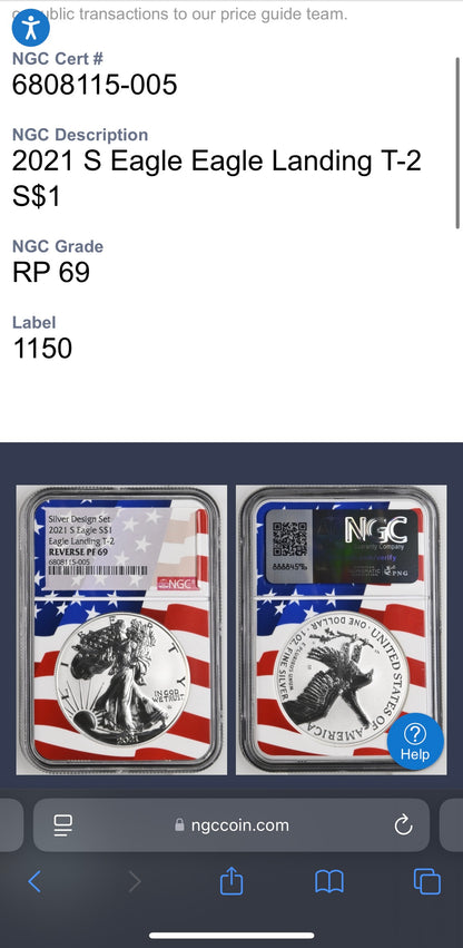 Reverse Proof 2021 Type 1 and Type 2 (2 Coin Set) $1 American Silver Eagle NGC PF69 Heraldic Eagle Label Flag Holder Mint Condition
