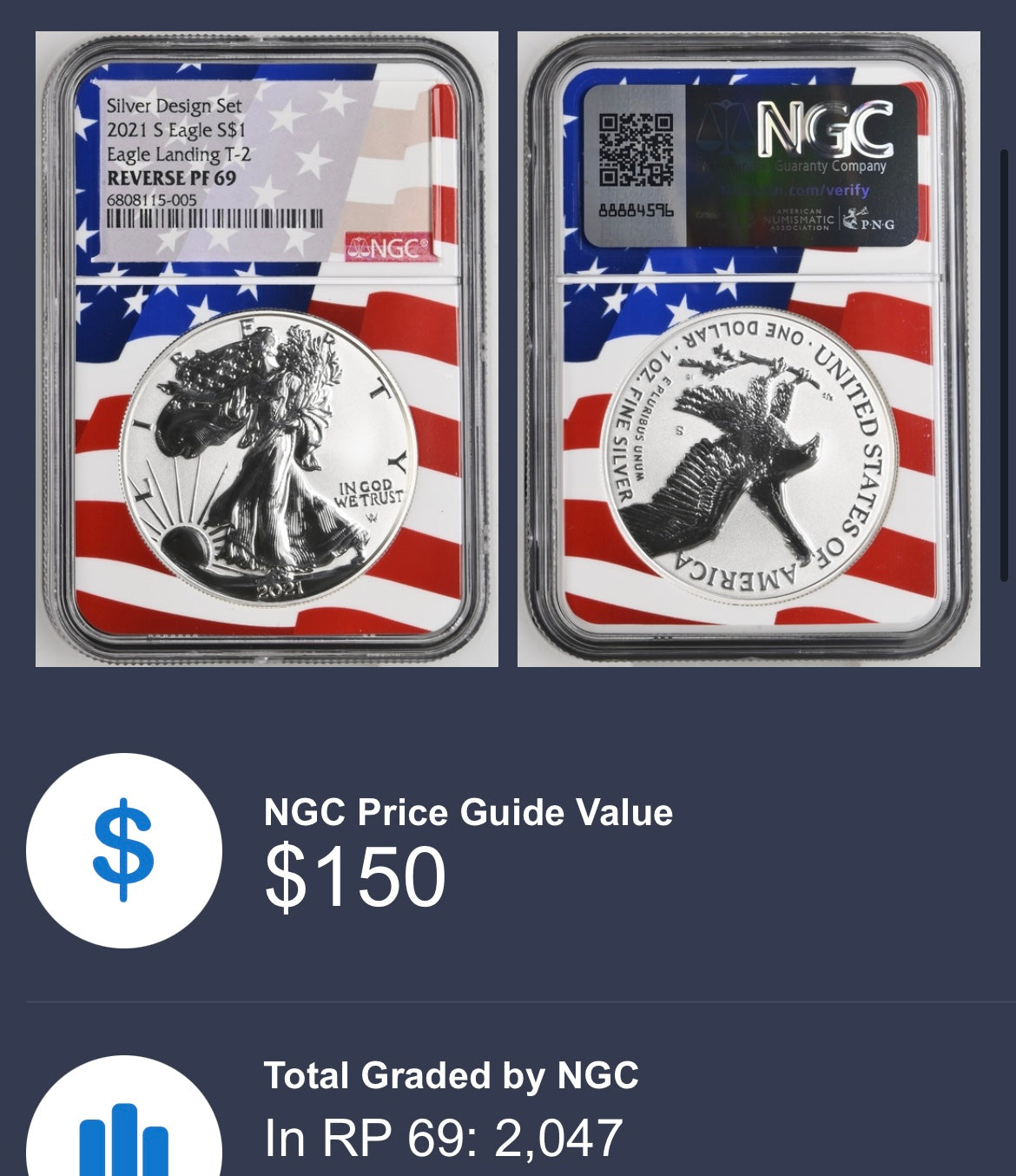 Reverse Proof 2021 Type 1 and Type 2 (2 Coin Set) $1 American Silver Eagle NGC PF69 Heraldic Eagle Label Flag Holder Mint Condition
