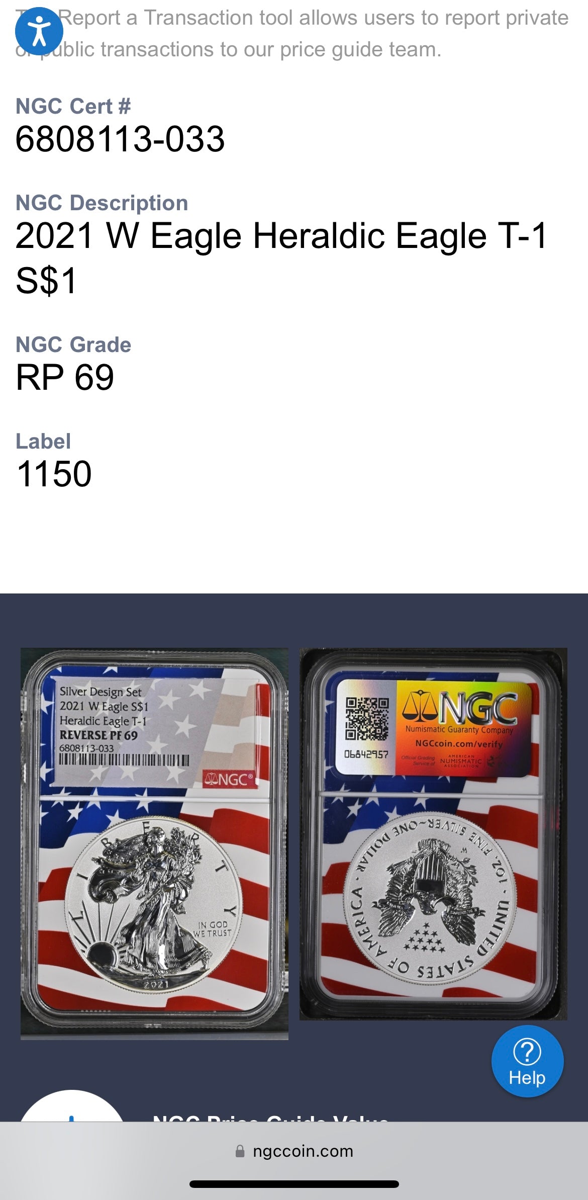 Reverse Proof 2021 Type 1 and Type 2 (2 Coin Set) $1 American Silver Eagle NGC PF69 Heraldic Eagle Label Flag Holder Mint Condition