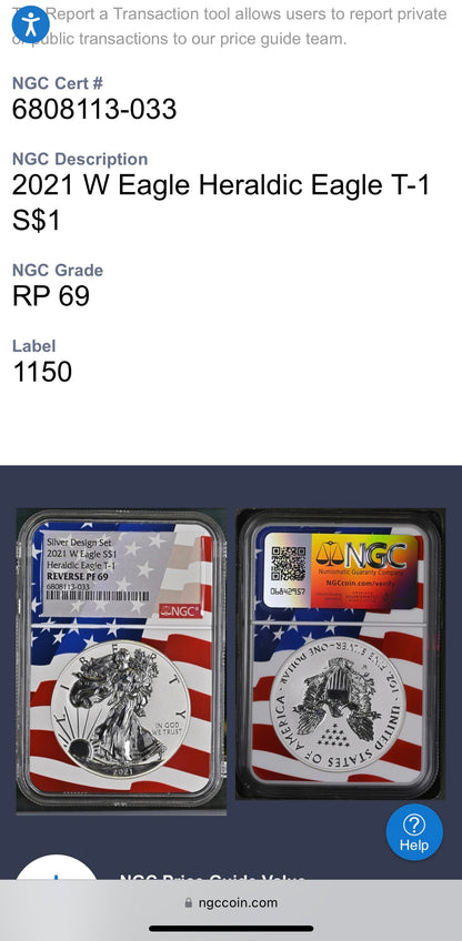 Reverse Proof 2021 Type 1 and Type 2 (2 Coin Set) $1 American Silver Eagle NGC PF69 Heraldic Eagle Label Flag Holder Mint Condition