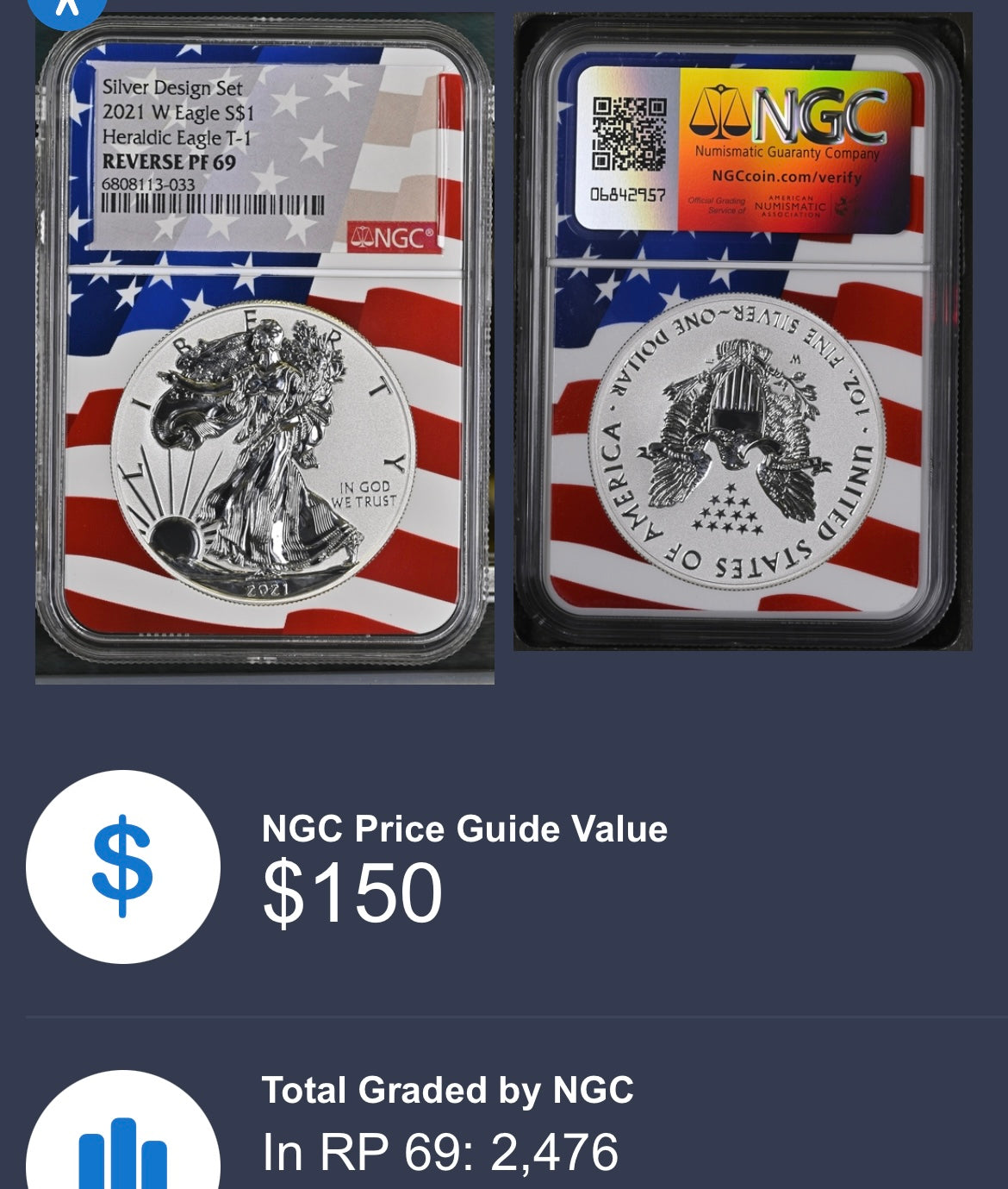 Reverse Proof 2021 Type 1 and Type 2 (2 Coin Set) $1 American Silver Eagle NGC PF69 Heraldic Eagle Label Flag Holder Mint Condition