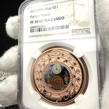 2023 Niue Silver Dollar $1 NGC PF70UC Faberge Art Pocket Watch 24-Karat Gold Proof Finish Mint (Rare 1 of 13)