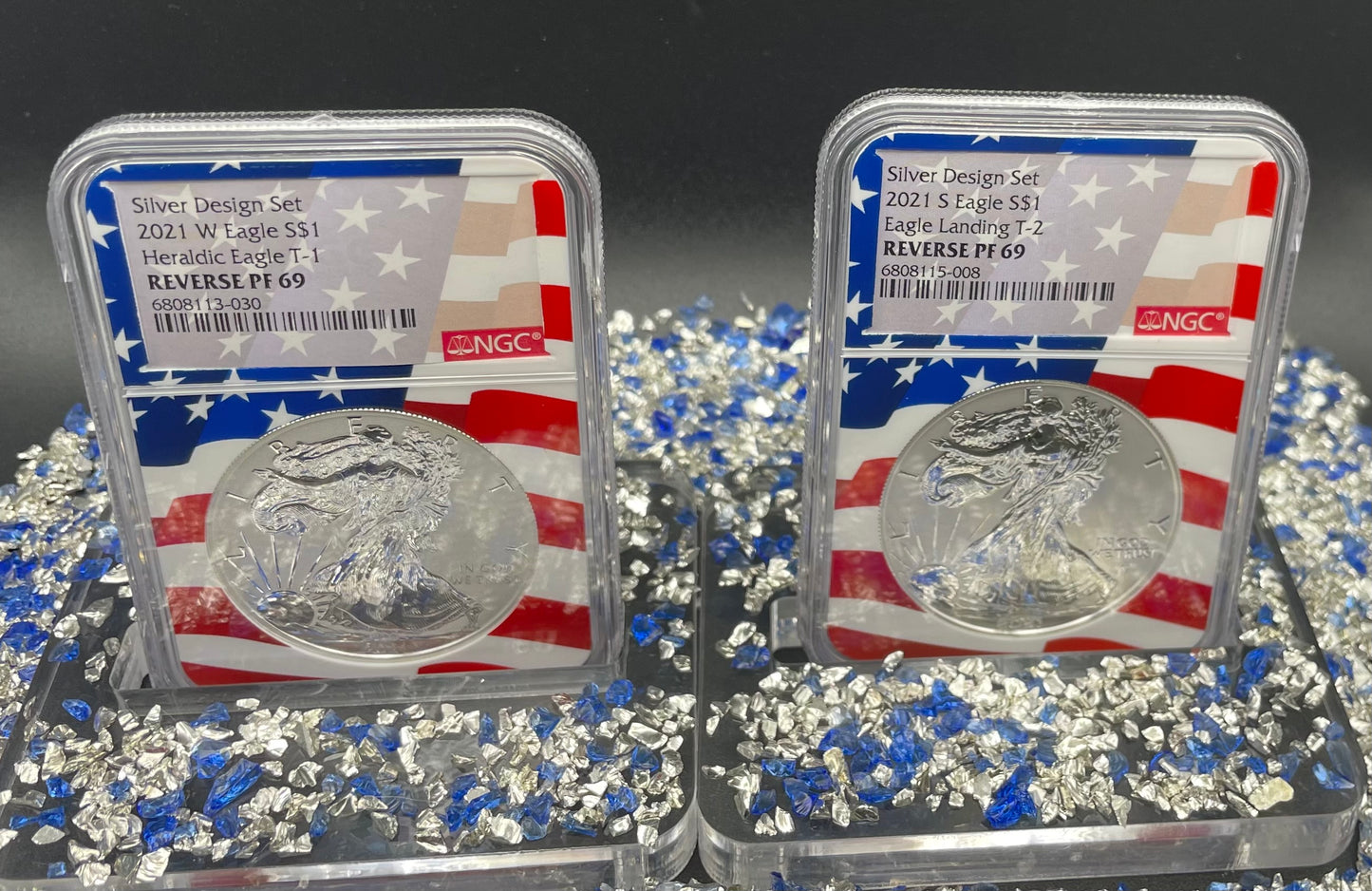 Reverse Proof 2021 Type 1 and Type 2 (2 Coin Set) $1 American Silver Eagle NGC PF69 Heraldic Eagle Label Flag Holder Mint Condition