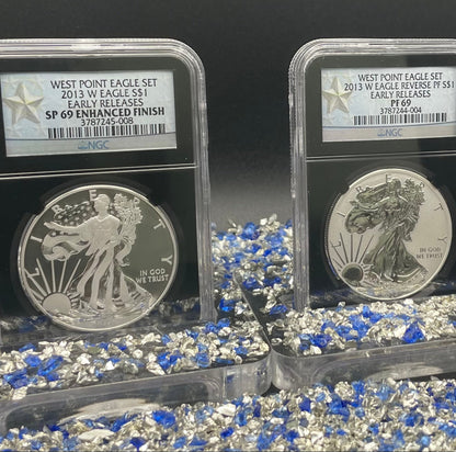 Reverse Proof & Enhanced Finish (2 Coin Set) 2013 (W) $1 American Silver Eagle NGC PF69 Black Core Holder West Point Silver Star Label