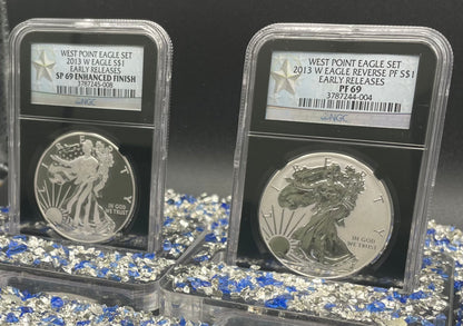 Reverse Proof & Enhanced Finish (2 Coin Set) 2013 (W) $1 American Silver Eagle NGC PF69 Black Core Holder West Point Silver Star Label