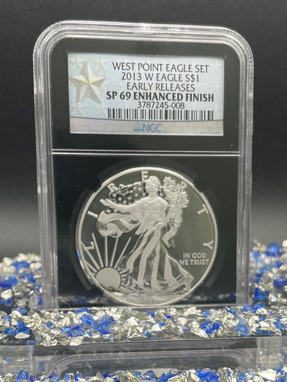 Reverse Proof & Enhanced Finish (2 Coin Set) 2013 (W) $1 American Silver Eagle NGC PF69 Black Core Holder West Point Silver Star Label