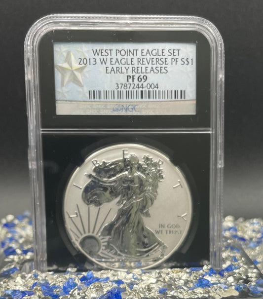 Reverse Proof & Enhanced Finish (2 Coin Set) 2013 (W) $1 American Silver Eagle NGC PF69 Black Core Holder West Point Silver Star Label