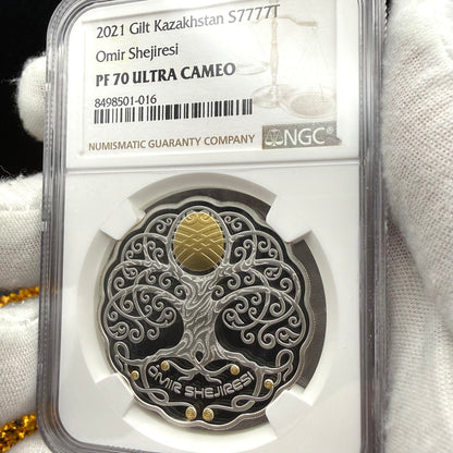 2021 Kazakhstan Silver Tenge Coin 777 NGC PF70UC 'Omir Shejiresi' (Tree of Life) Gold Gilt (1 of 1) Mint