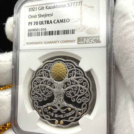 2021 Kazakhstan Silver Tenge Coin 777 NGC PF70UC 'Omir Shejiresi' (Tree of Life) Gold Gilt (1 of 1) Mint