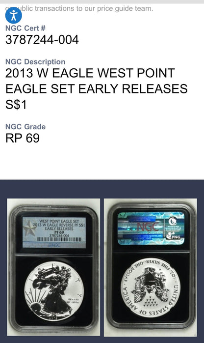 Reverse Proof & Enhanced Finish (2 Coin Set) 2013 (W) $1 American Silver Eagle NGC PF69 Black Core Holder West Point Silver Star Label