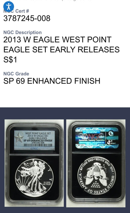 Reverse Proof & Enhanced Finish (2 Coin Set) 2013 (W) $1 American Silver Eagle NGC PF69 Black Core Holder West Point Silver Star Label