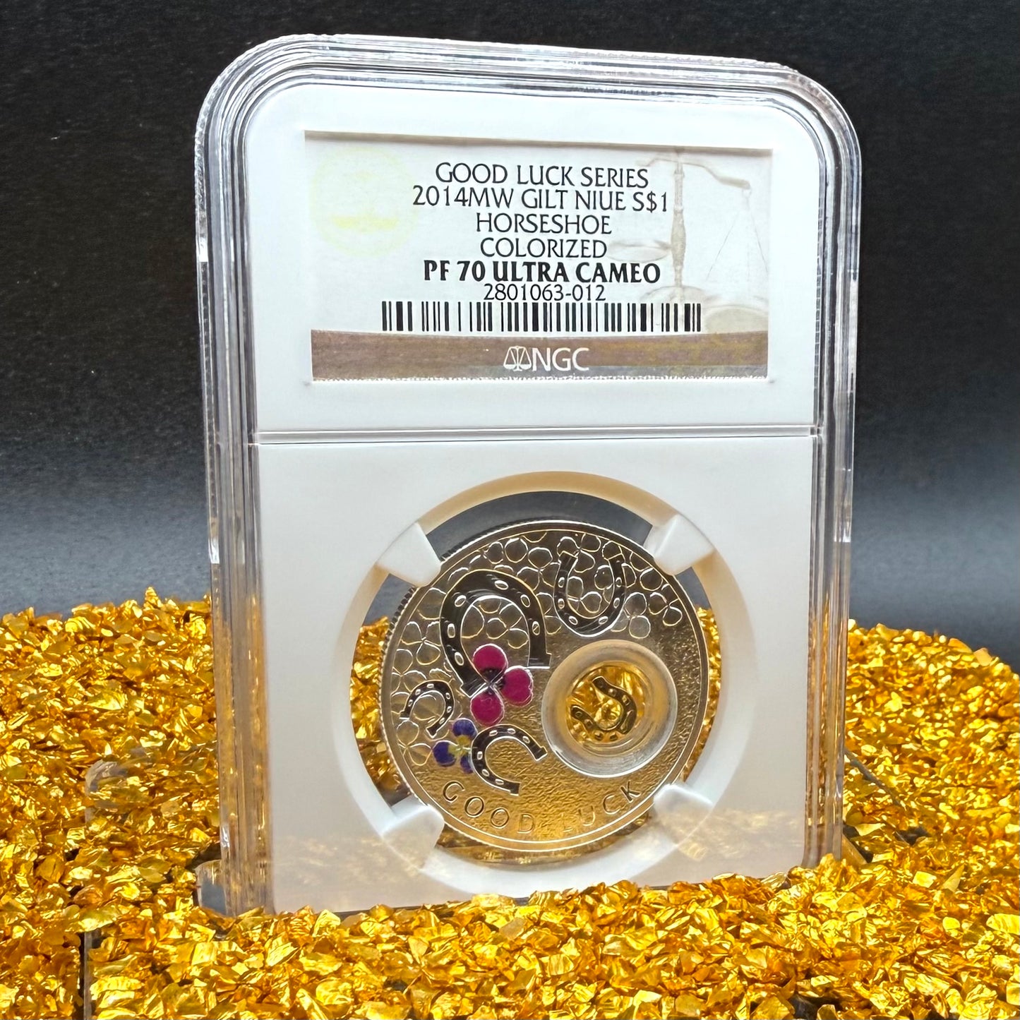 2014 Proof Niue Silver Dollar $1 NGC PF70UC Good Luck Series - Horseshoe Gold Gilt Colorized (1 of 1) Mint