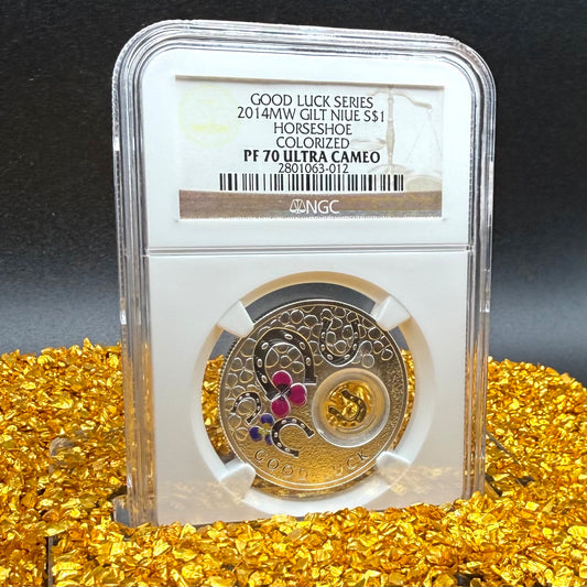 2014 Proof Niue Silver Dollar $1 NGC PF70UC Good Luck Series - Horseshoe Gold Gilt Colorized (1 of 1) Mint