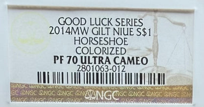 2014 Proof Niue Silver Dollar $1 NGC PF70UC Good Luck Series - Horseshoe Gold Gilt Colorized (1 of 1) Mint