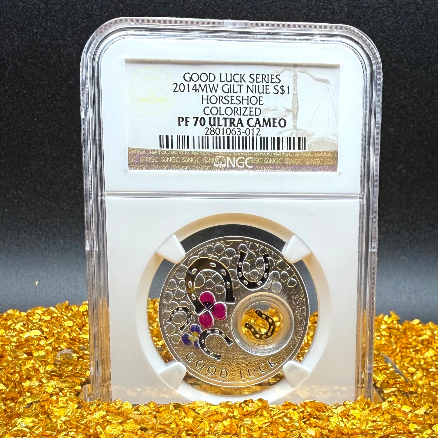 2014 Proof Niue Silver Dollar $1 NGC PF70UC Good Luck Series - Horseshoe Gold Gilt Colorized (1 of 1) Mint