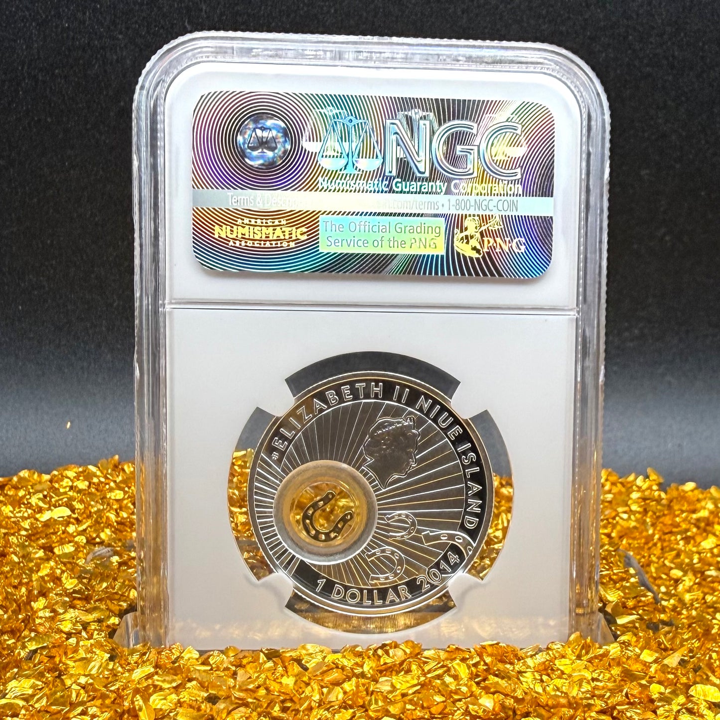 2014 Proof Niue Silver Dollar $1 NGC PF70UC Good Luck Series - Horseshoe Gold Gilt Colorized (1 of 1) Mint