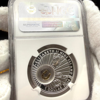 2014 Proof Niue Silver Dollar $1 NGC PF70UC Good Luck Series - Horseshoe Gold Gilt Colorized (1 of 1) Mint