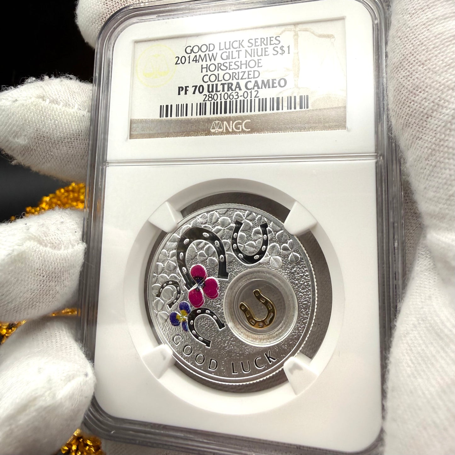 2014 Proof Niue Silver Dollar $1 NGC PF70UC Good Luck Series - Horseshoe Gold Gilt Colorized (1 of 1) Mint