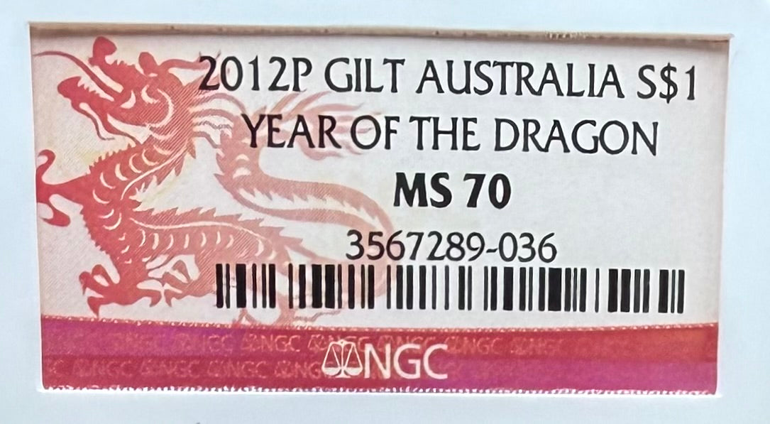 2012 P Silver $1 Australia Lunar Series II Year of the Dragon Gold Gilt NGC MS70 Red Lunar Label