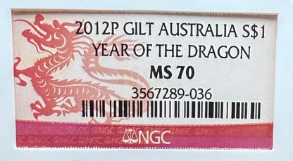 2012 P Silver $1 Australia Lunar Series II Year of the Dragon Gold Gilt NGC MS70 Red Lunar Label