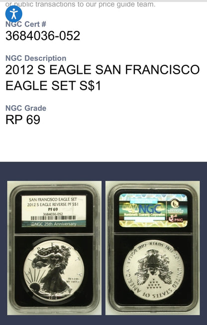Reverse Proof 2012 (S) $1 American Silver Eagle NGC PF69 Black Core Holder Mint Condition (1 of 11,780)