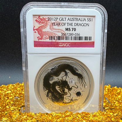 2012 P Silver $1 Australia Lunar Series II Year of the Dragon Gold Gilt NGC MS70 Red Lunar Label