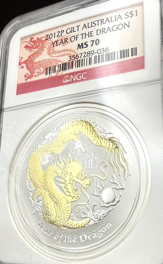 2012 P Silver $1 Australia Lunar Series II Year of the Dragon Gold Gilt NGC MS70 Red Lunar Label
