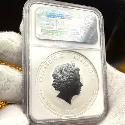 2012 P Silver $1 Australia Lunar Series II Year of the Dragon Gold Gilt NGC MS70 Red Lunar Label