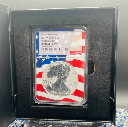 Reverse Proof 2021 Type 1 and Type 2 (2 Coin Set) $1 American Silver Eagle NGC PF69 Heraldic Eagle Label Flag Holder Mint Condition