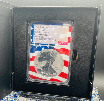Reverse Proof 2021 Type 1 and Type 2 (2 Coin Set) $1 American Silver Eagle NGC PF69 Heraldic Eagle Label Flag Holder Mint Condition