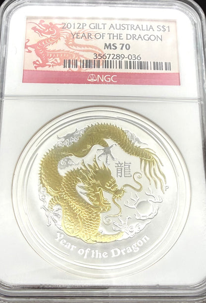 2012 P Silver $1 Australia Lunar Series II Year of the Dragon Gold Gilt NGC MS70 Red Lunar Label